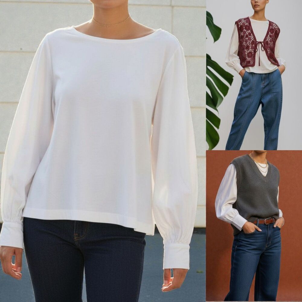 ME+EM Mixed Media White Layering Long Sleeve Top